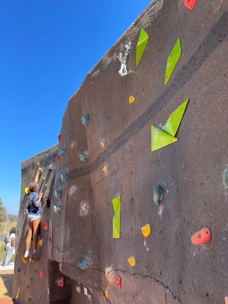 young girl almost to the top of a climbing bolder